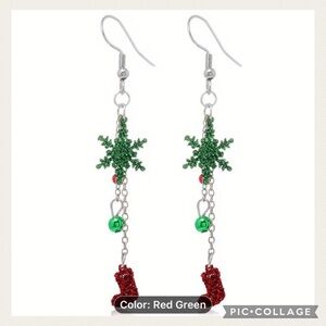 NEW Sparkling Dangle Red & Green Snowflake Whimsical Earrings